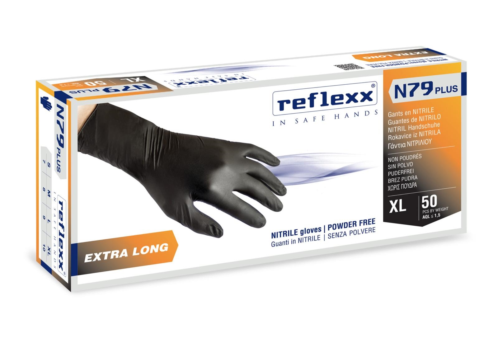 GUANTI NITRILE NERI N79Plus S 50pz gr.7,7 EXTRA LUNGO senza polvere